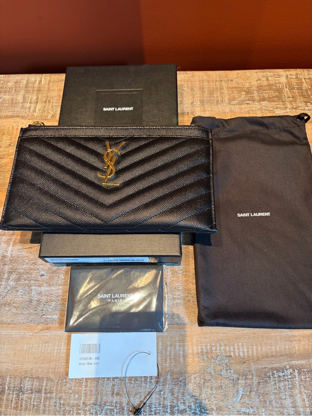 Saint Laurent Black Quilted Leather Zip Card Pouch with Gold YSL Emblem